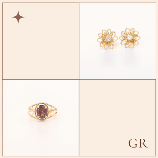 Diamond Earrings with 14k gold flower jackets, Large garnet 10k gold ring