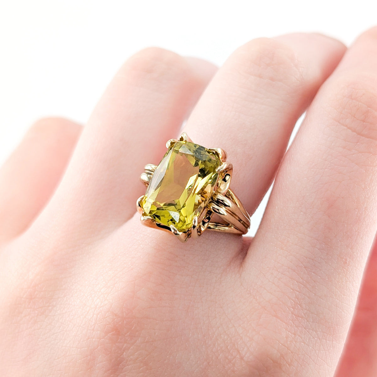 Vintage 14K Gold Cushion-Cut Lemon Quartz Ring