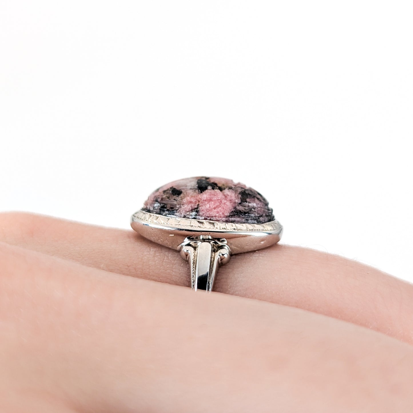 Vintage Pink and Black Rhodonite Scarab Ring in 14K White Gold