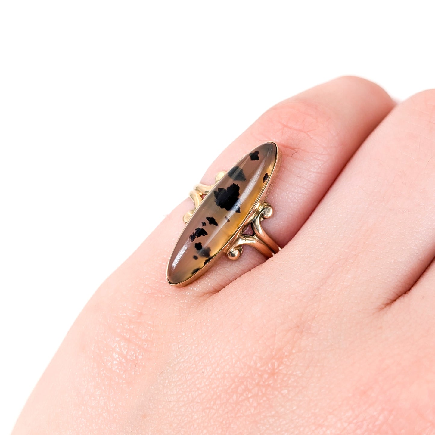 Vintage 10K Gold Moss Agate Navette Ring