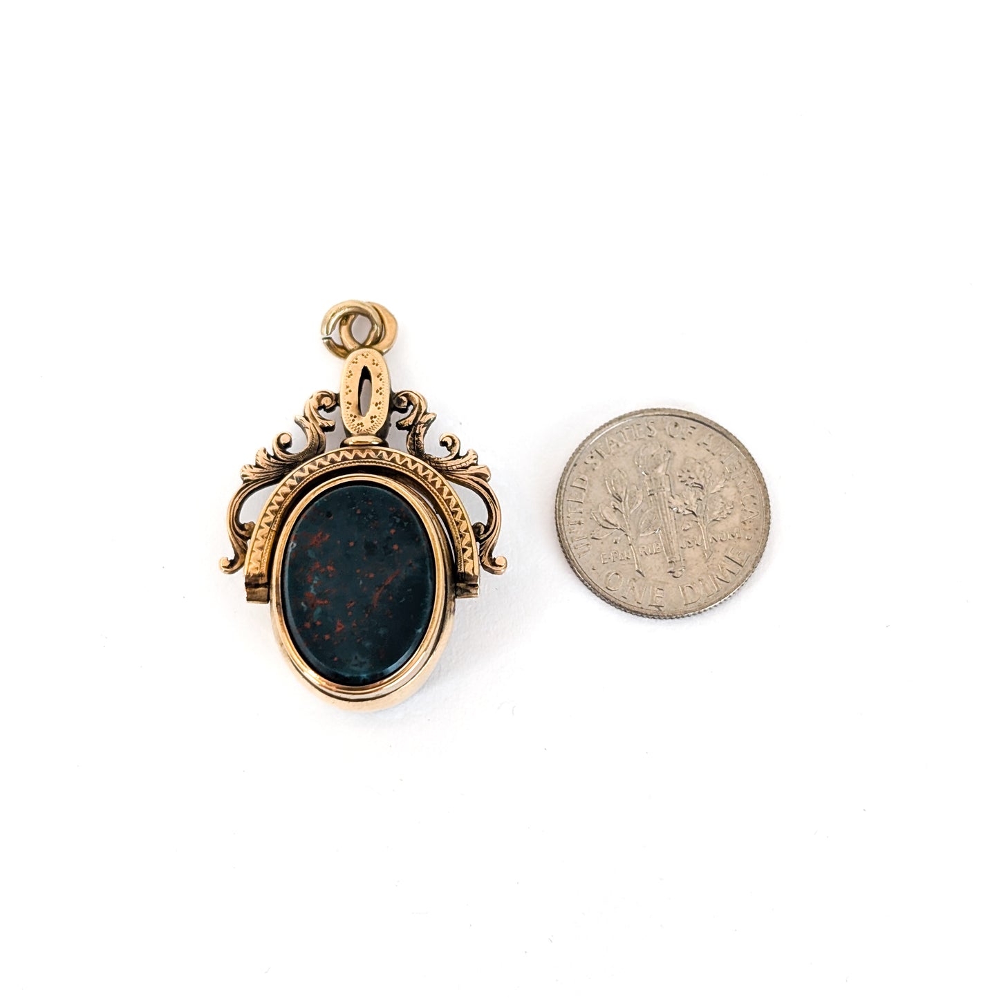 Victorian 15K Gold Swivel Pendant Fob with Bloodstone and Roman Hematite Intaglio