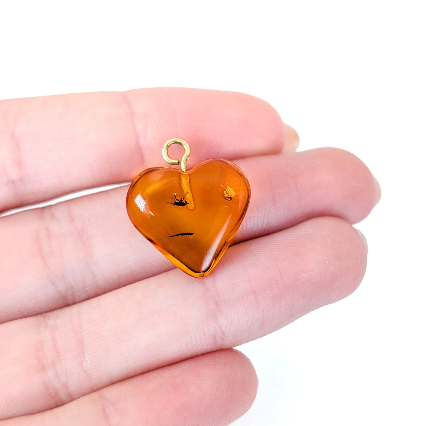Vintage Amber Heart Charm/Pendant With Insect Inclusion & 18K Gold Bail