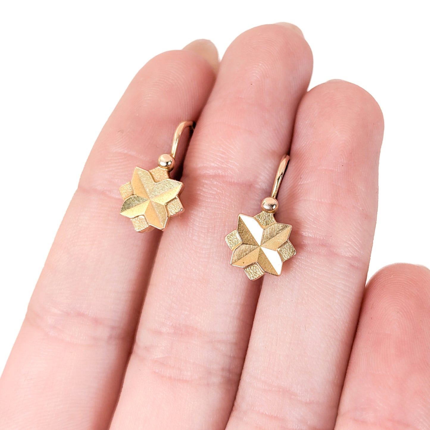 Vintage Soviet Era 14K Gold Star Leverback Earrings – Geometric Starburst Drops