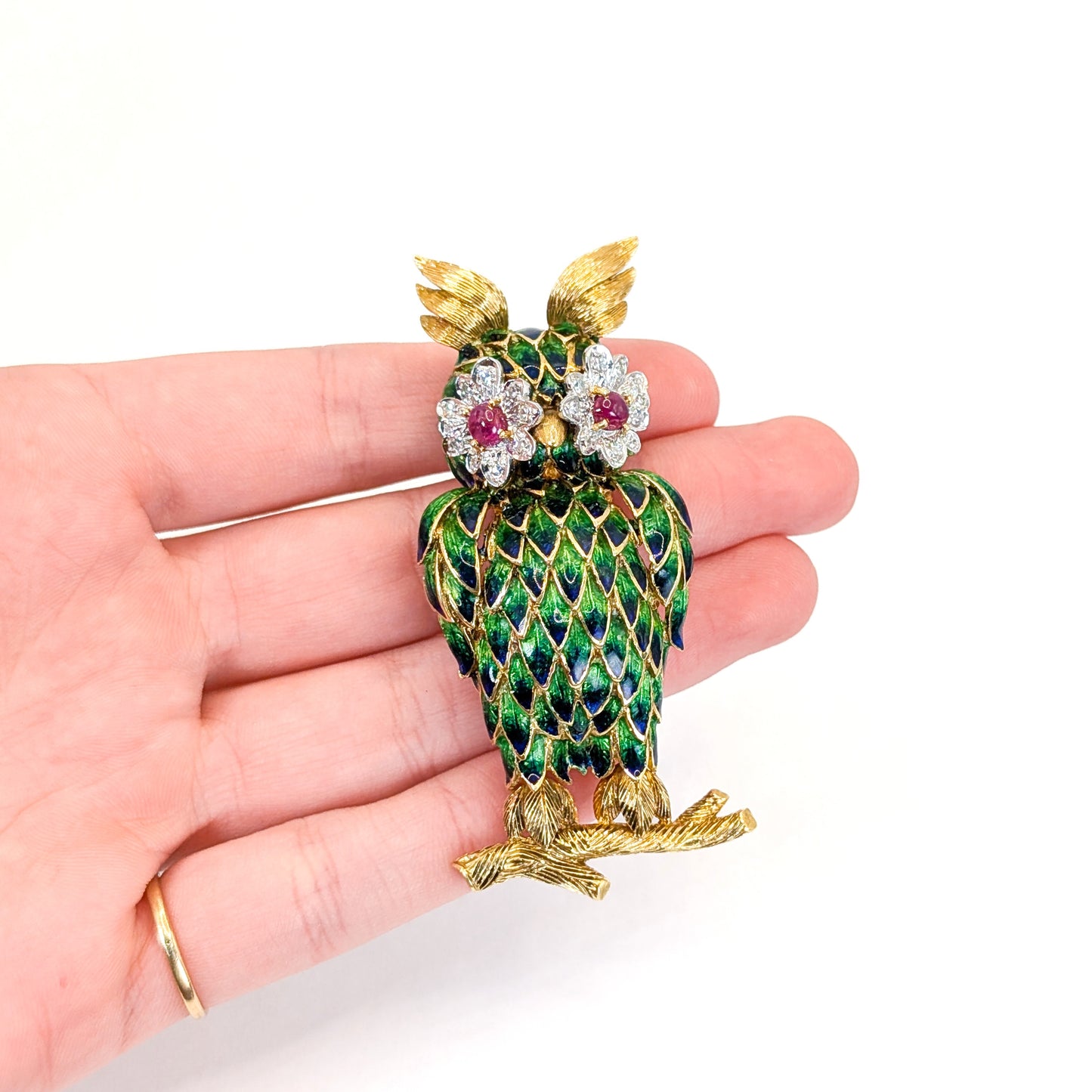 Vintage 18K Gold Enamel Owl Brooch with Ruby and Diamond Eyes