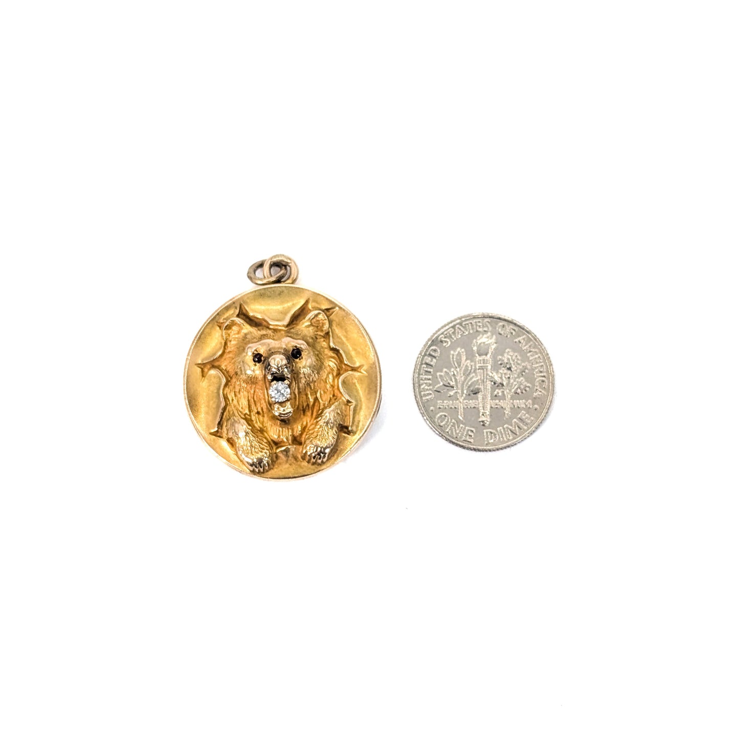 Antique 10K Gold Bear Locket with Glass Ruby Eyes & Diamond