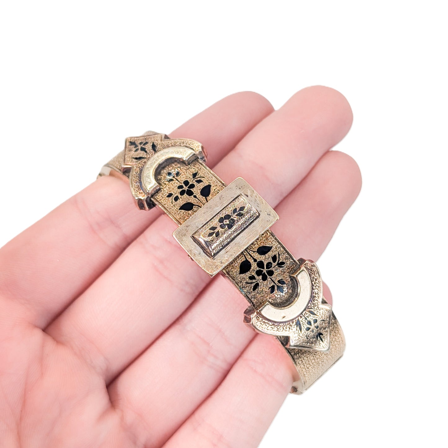 Victorian 14K Gold Engraved Buckle Bangle with Enamel Accents. Hinged Antique Bracelet