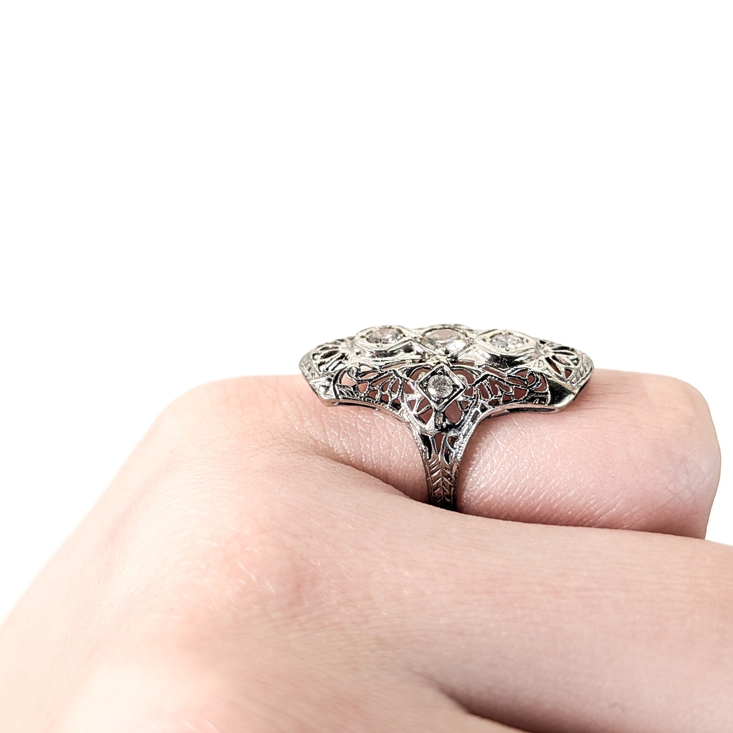 Antique Art Deco 18K White Gold Diamond Shield Dinner Ring – Filigree Old European Cut Diamonds