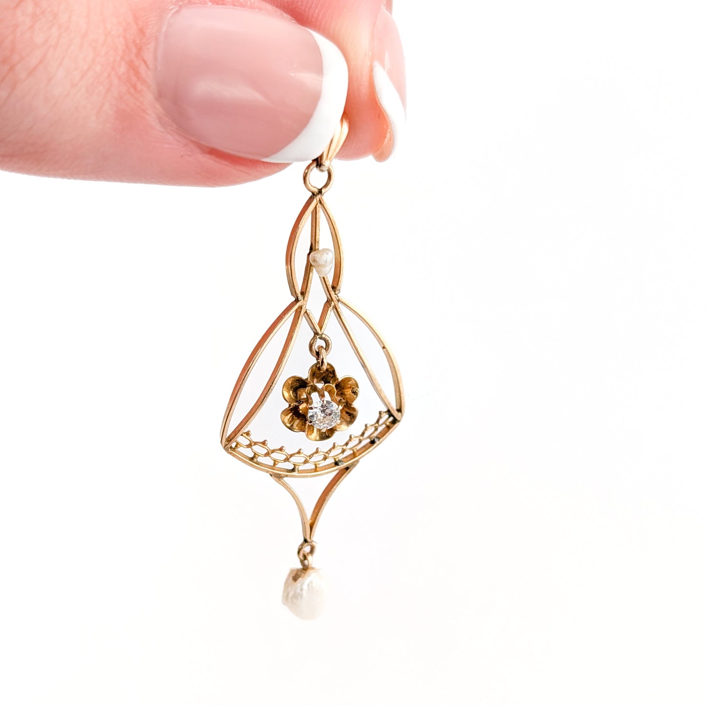 Victorian 10K Gold Diamond & Pearl Floral Lavalier Pendant