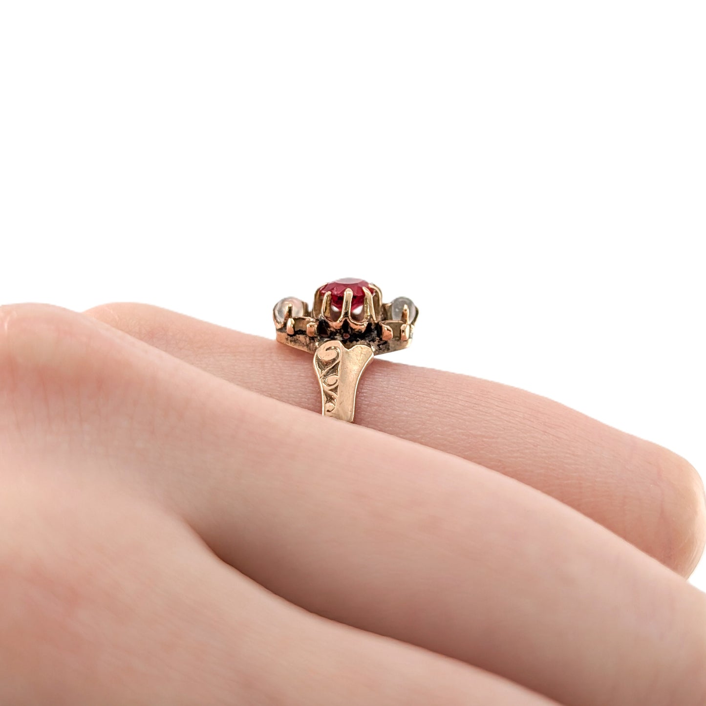Antique 9K Gold Ring with Red Paste Gemstone and Moonstone Accents