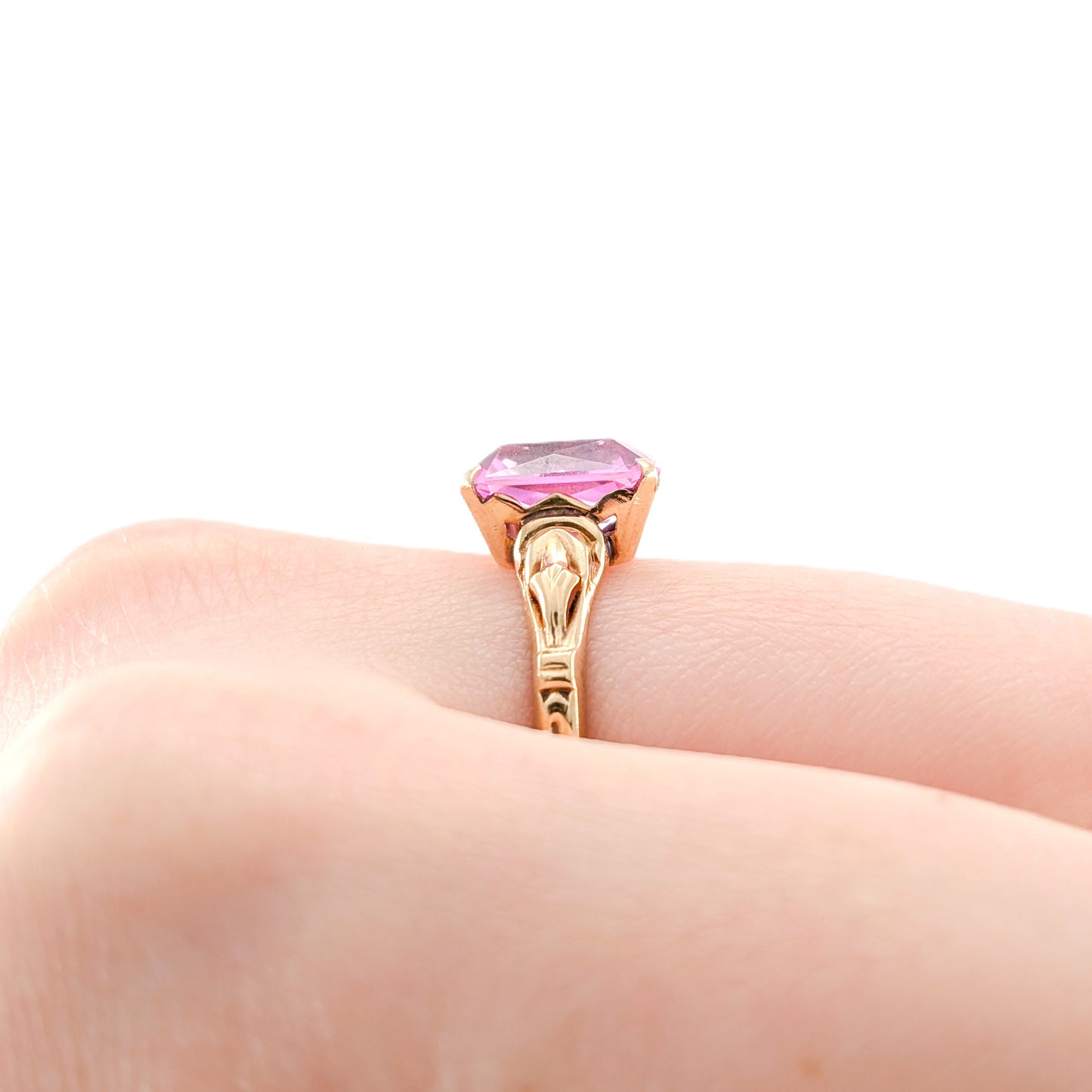 Vintage 10K Gold Pink Sapphire Ring– Emerald Cut Pink Stone Statement Ring