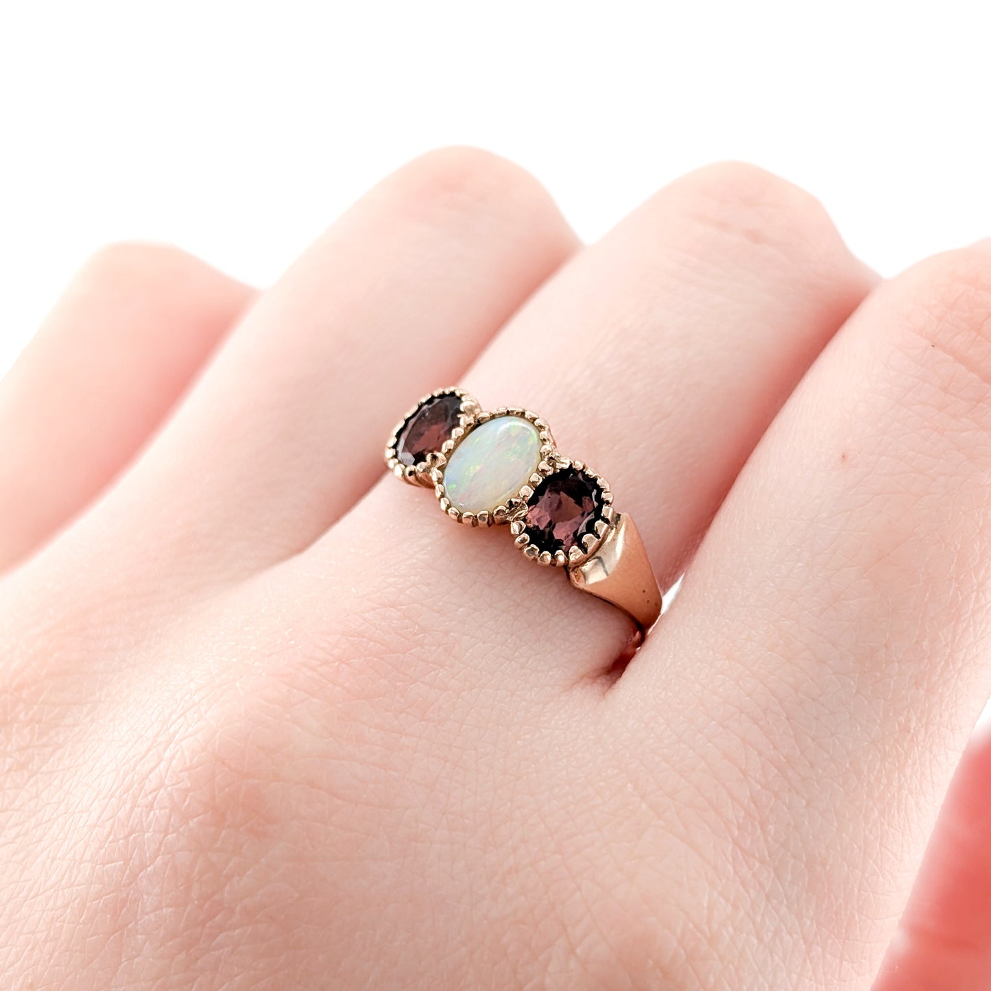 Vintage English 9k Rose Gold Opal and Tourmaline Ring