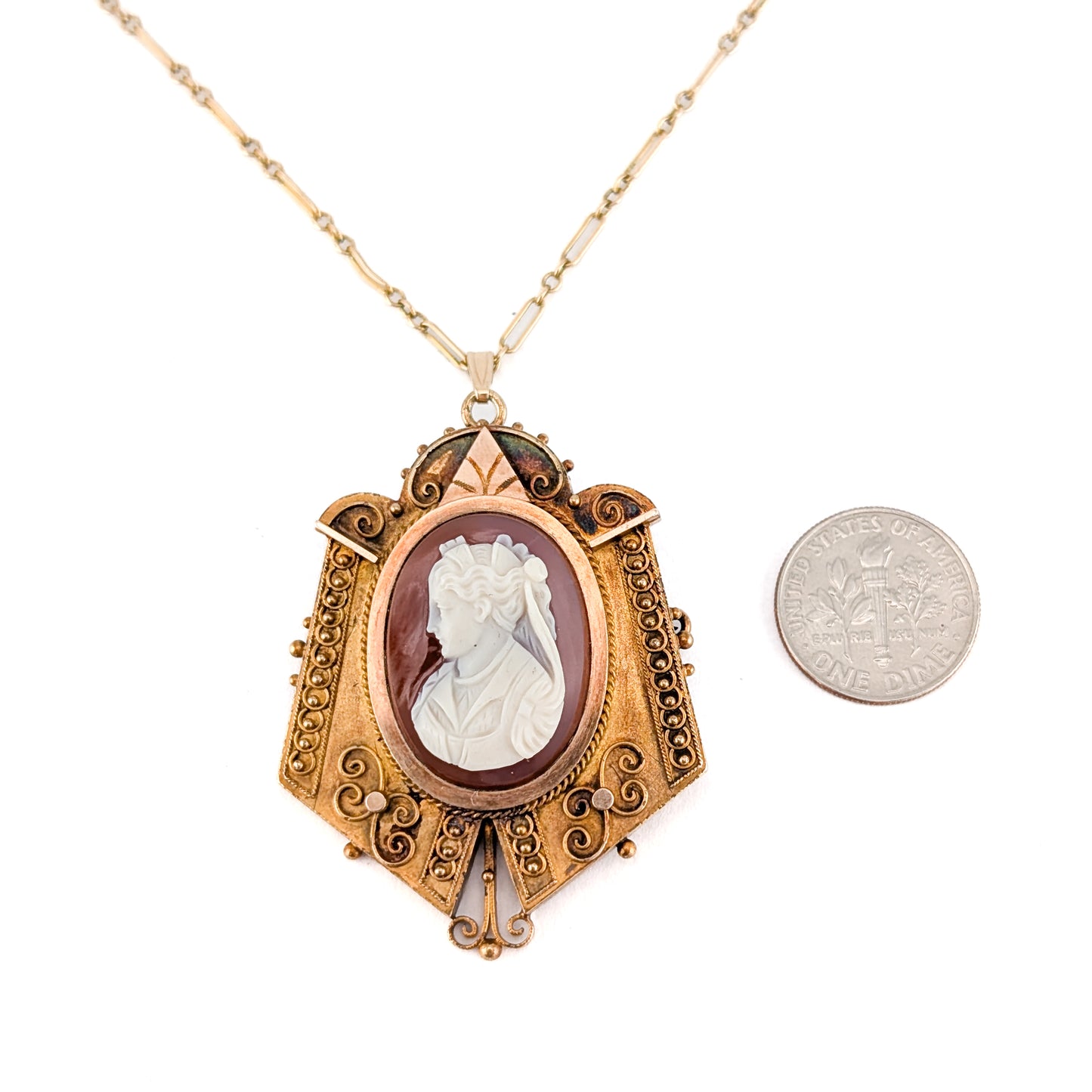 Antique Victorian 14K Gold Carnelian Cameo Pendant Brooch – Hand Carved Lady Cameo Necklace with GF Chain