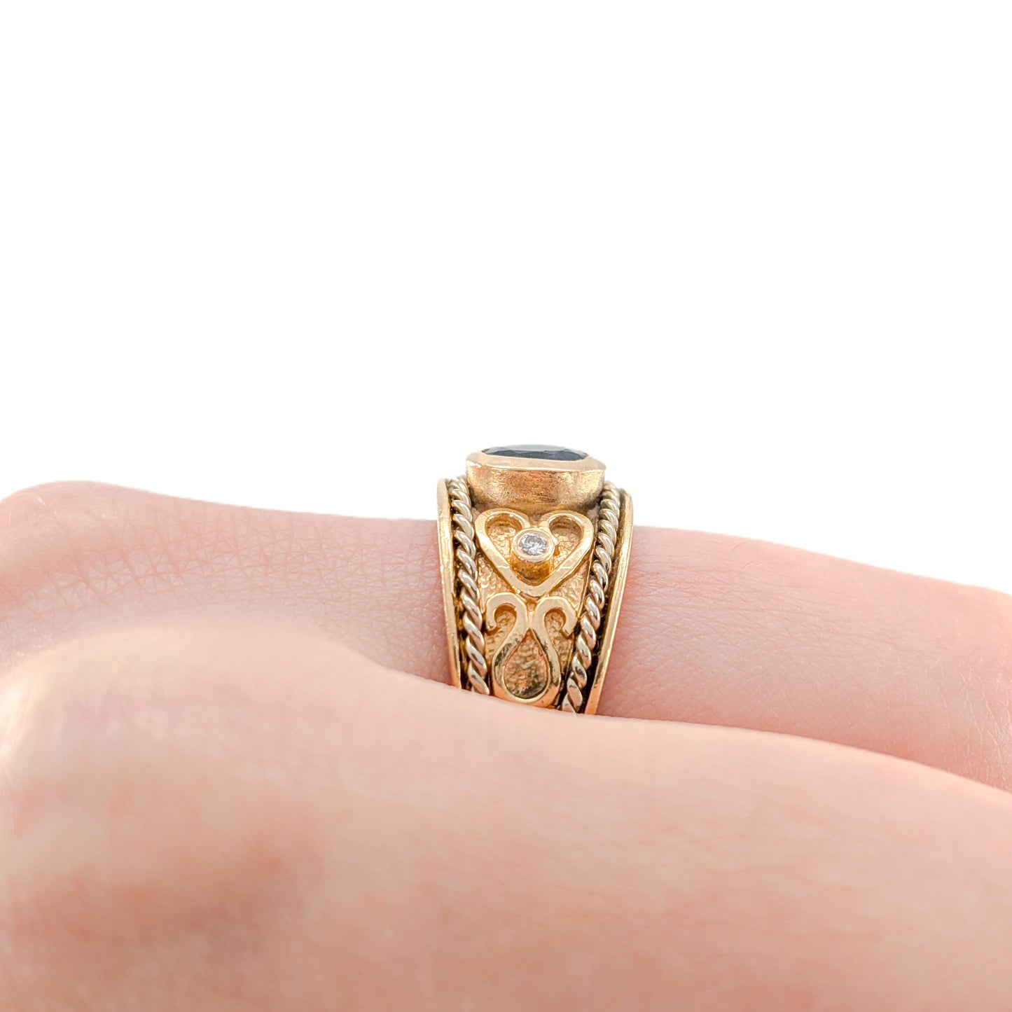 Vintage 14K Gold Sapphire and Diamond Wide Band Ring