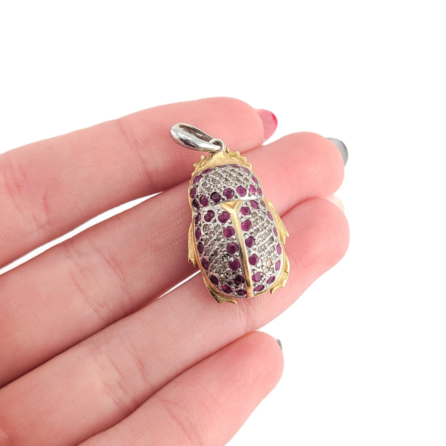 Vintage Diamond and Ruby Scarab Beetle Pendant in 18K Gold and Platinum