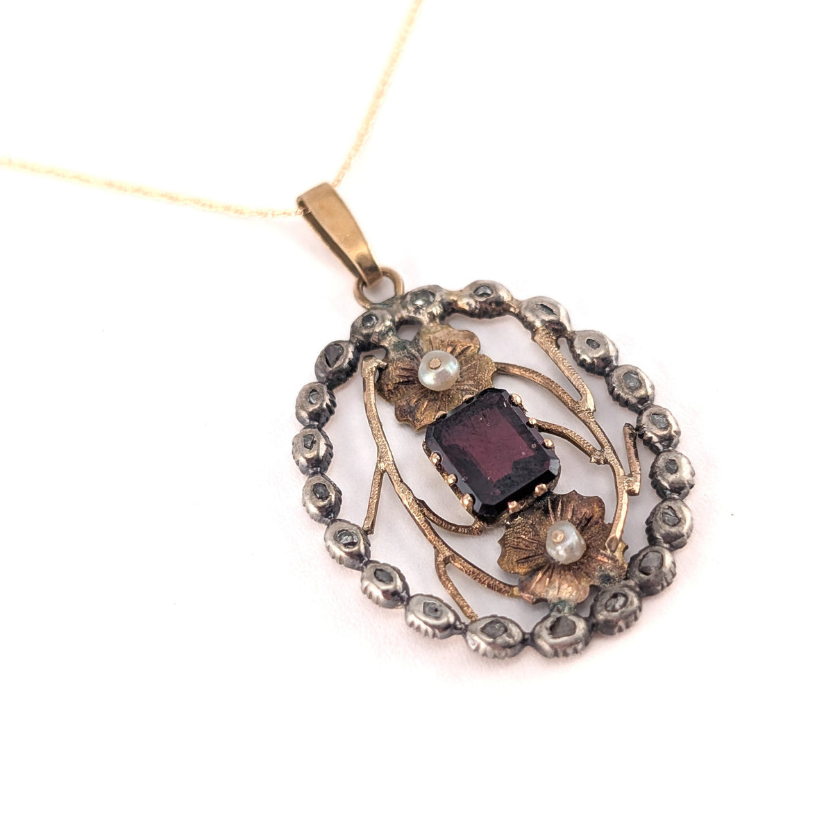 Antique Georgian Garnet, Seed Pearl & Rose Cut Diamond Pendant, 14K Gold/Silver