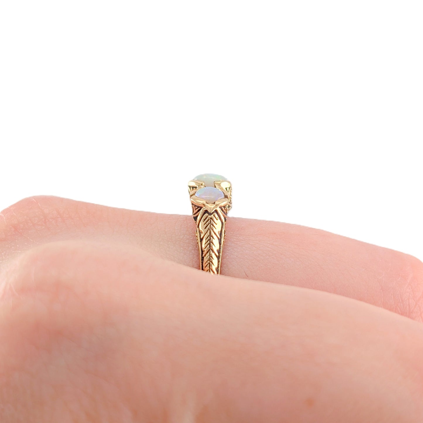 Vintage 9K Gold Three-Stone Opal Ring with Engraved Shoulders