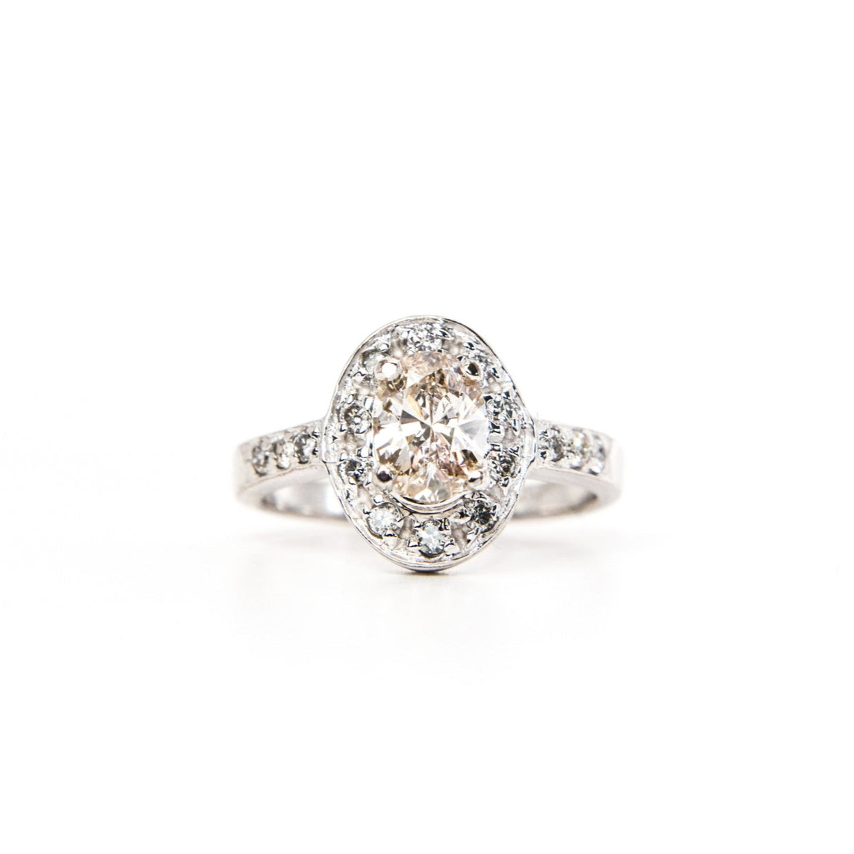 14K White Gold Diamond Solitaire Ring With Diamond Halo – 0.70ct Light Brown Diamond