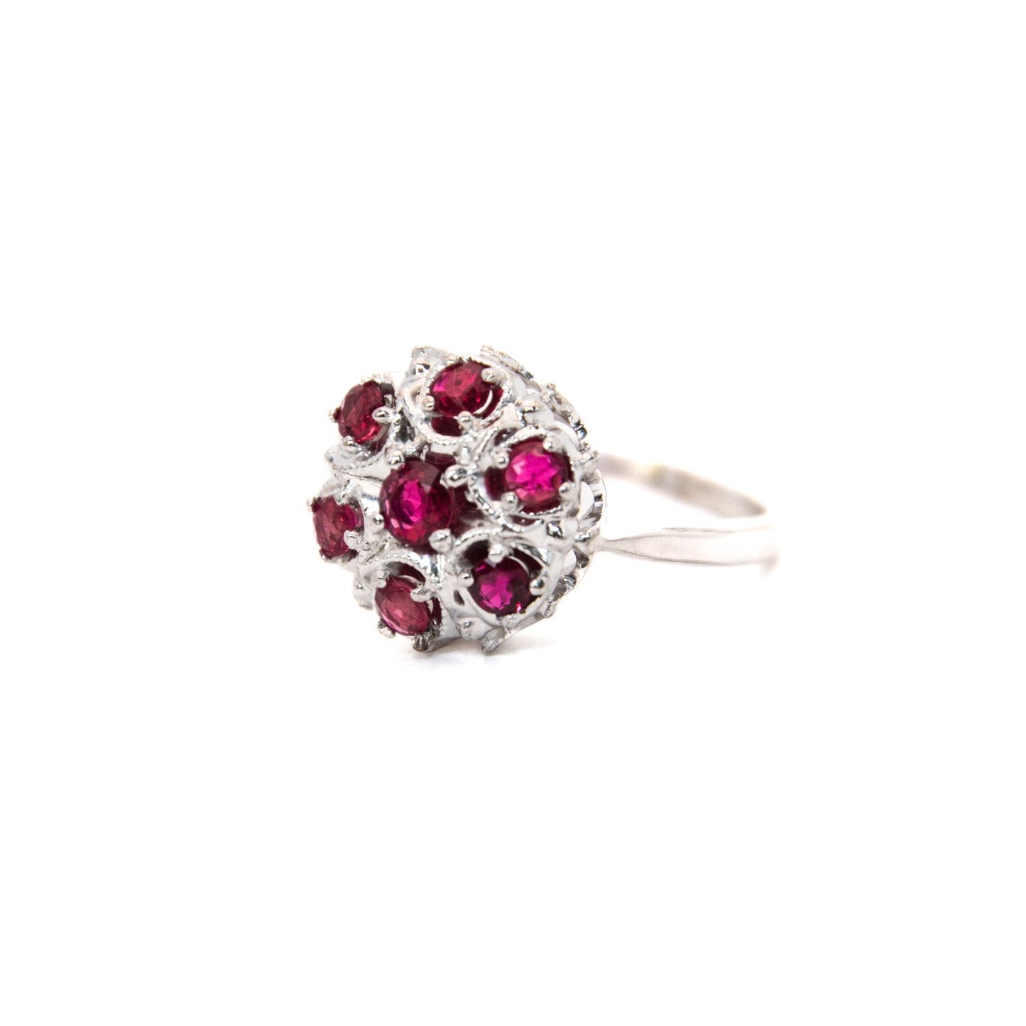 Vintage ruby ring, mid-century cluster ring, 14K white gold floral ring, retro cocktail ring, ruby statement ring, antique-inspired jewelry, estate jewelry, heirloom gemstone ring.