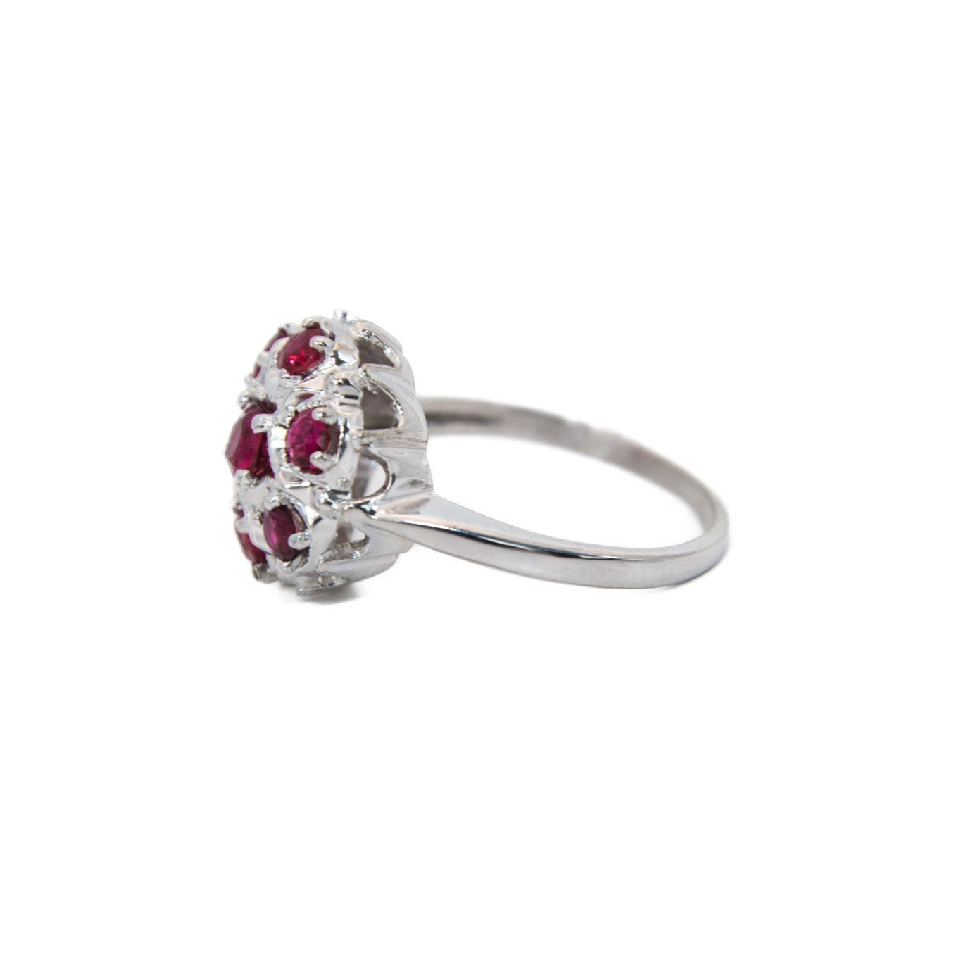 Vintage ruby ring, mid-century cluster ring, 14K white gold floral ring, retro cocktail ring, ruby statement ring, antique-inspired jewelry, estate jewelry, heirloom gemstone ring.