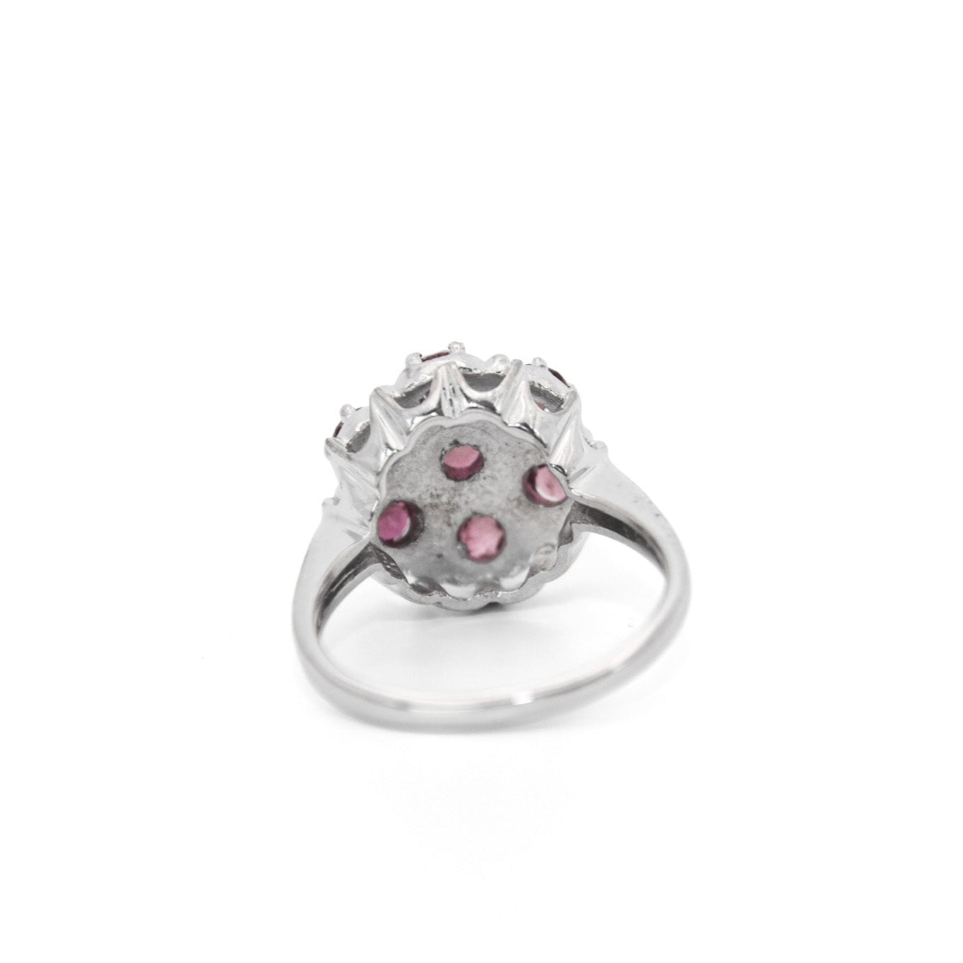 Vintage ruby ring, mid-century cluster ring, 14K white gold floral ring, retro cocktail ring, ruby statement ring, antique-inspired jewelry, estate jewelry, heirloom gemstone ring.