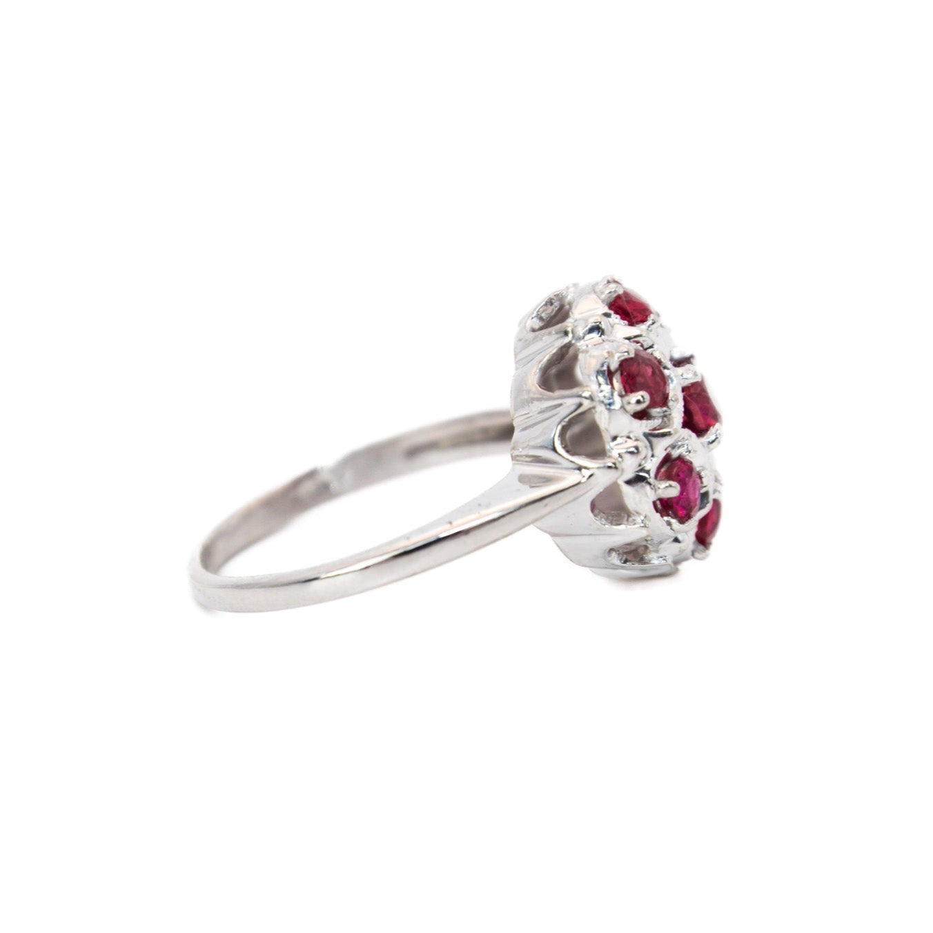 Vintage ruby ring, mid-century cluster ring, 14K white gold floral ring, retro cocktail ring, ruby statement ring, antique-inspired jewelry, estate jewelry, heirloom gemstone ring.