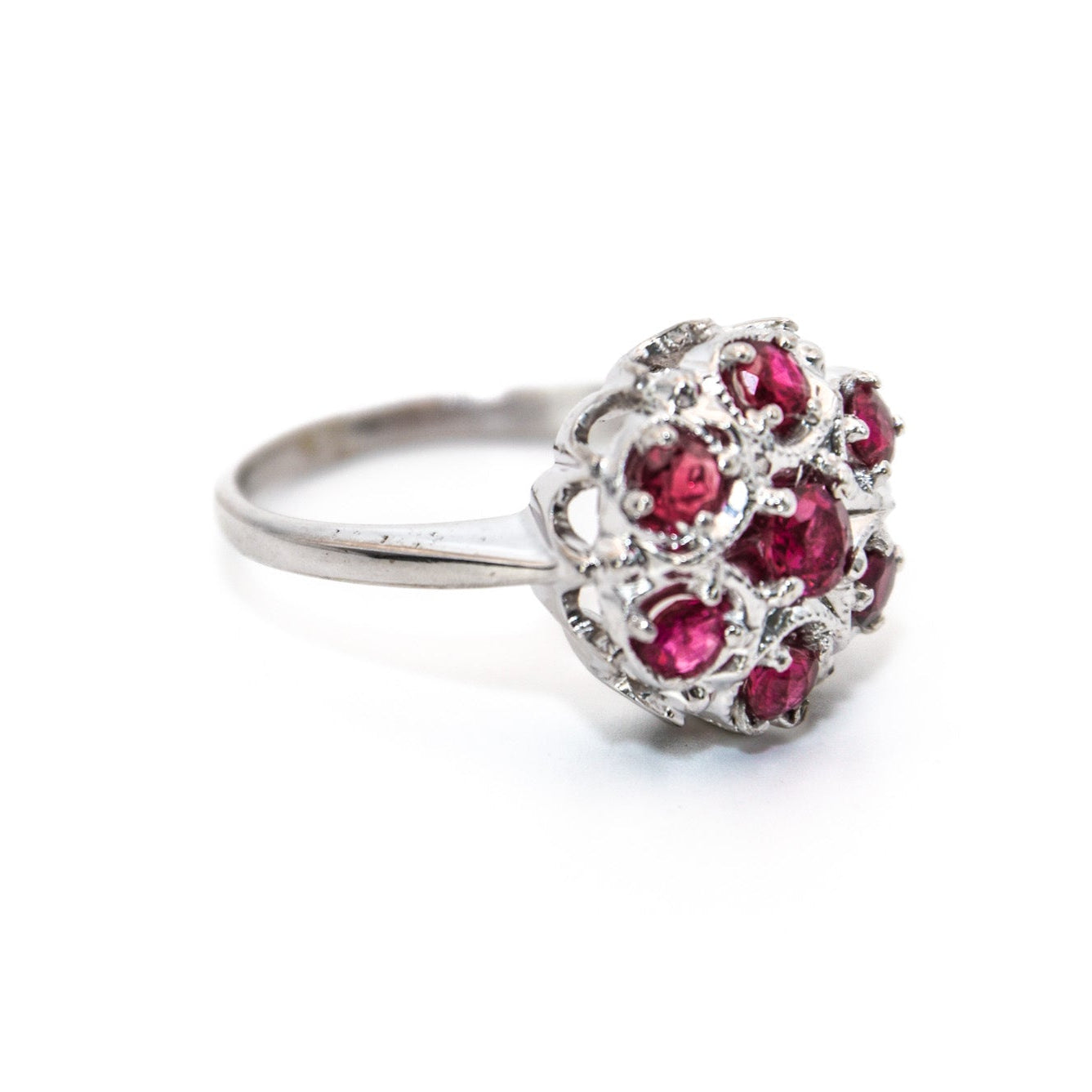 Vintage ruby ring, mid-century cluster ring, 14K white gold floral ring, retro cocktail ring, ruby statement ring, antique-inspired jewelry, estate jewelry, heirloom gemstone ring.