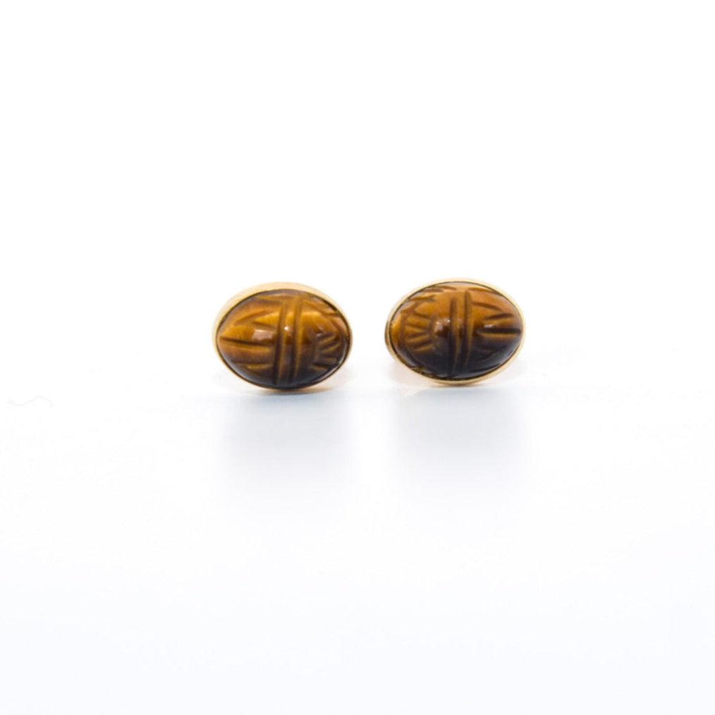 14K Gold Scarab Carved Tiger’s Eye Stud Earrings