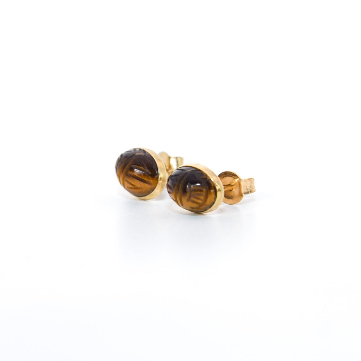 14K Gold Scarab Carved Tiger’s Eye Stud Earrings
