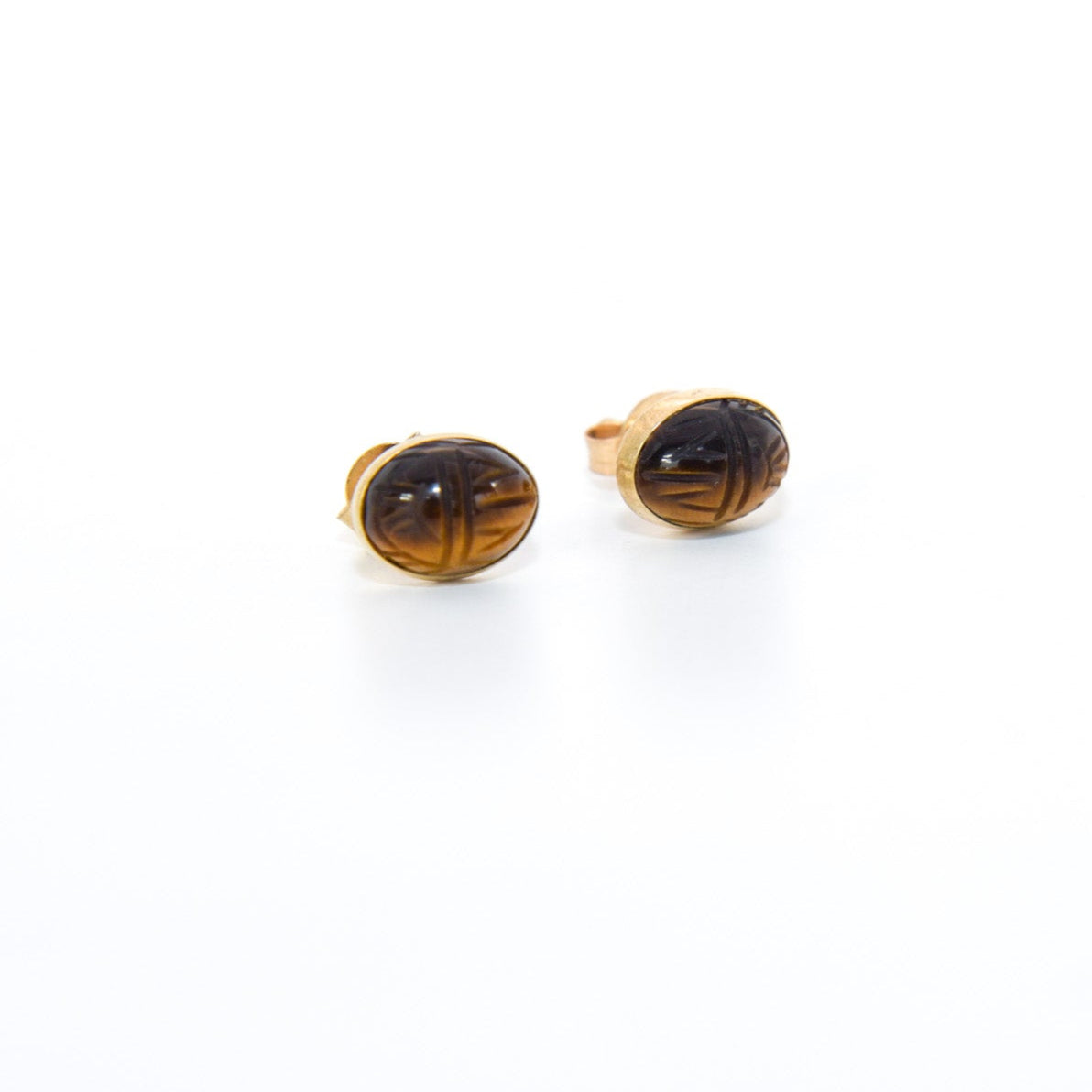 14K Gold Scarab Carved Tiger’s Eye Stud Earrings