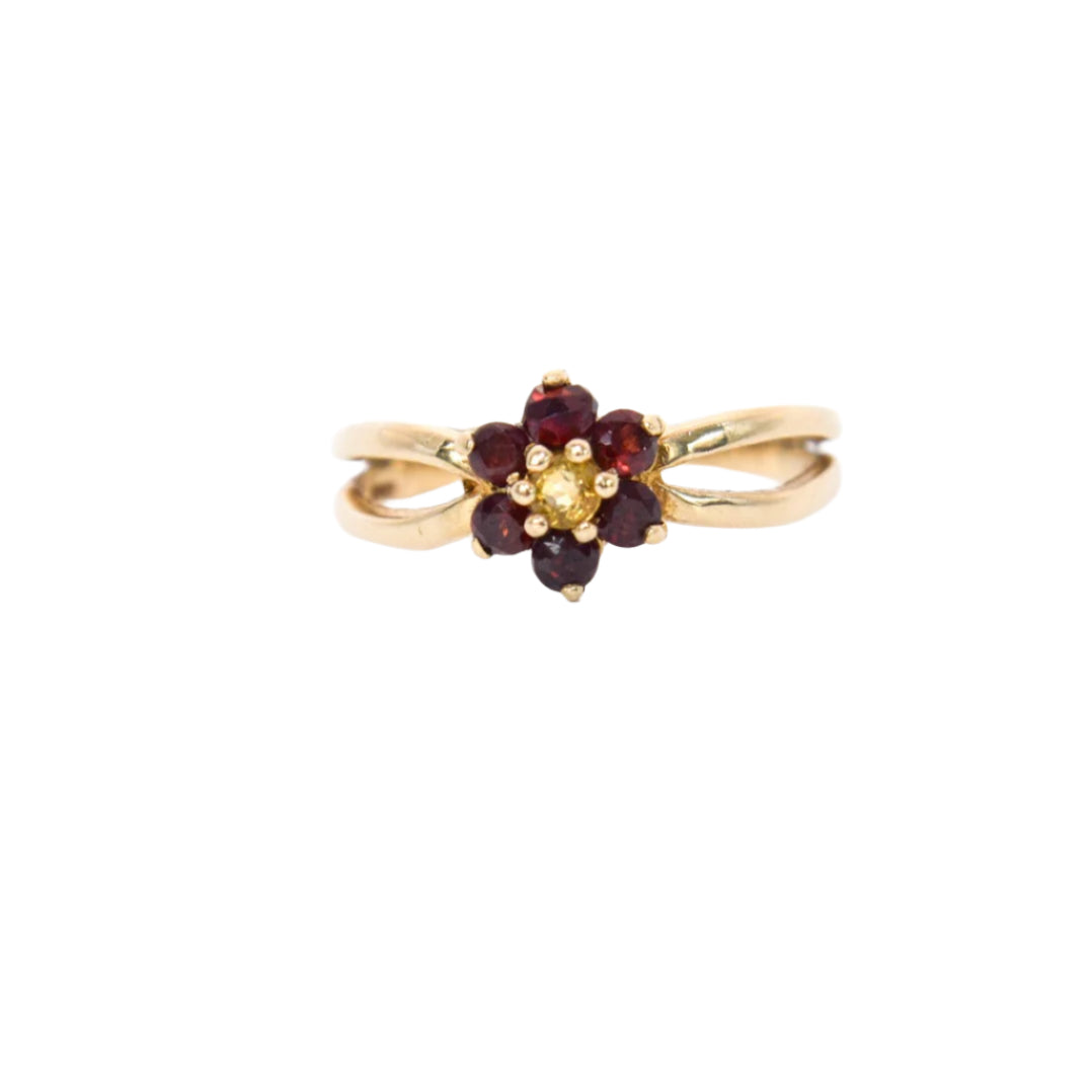 9k Gold Garnet Flower Ring with Citrine Center