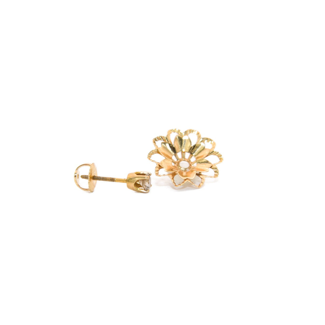 14k Gold Vintage Diamond Solitaire Stud Earrings with Solid Gold Flower Jackets