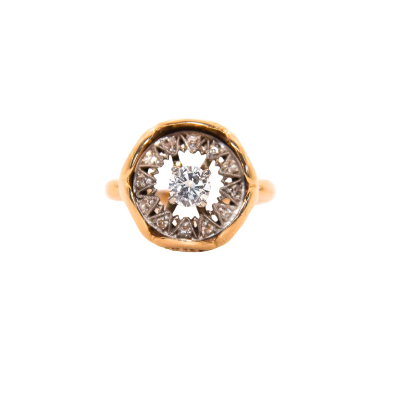 Vintage Diamond Ring, Where an Art Deco-era piece (once an earring or pendant!) finds new life. Featuring a stunning geometric design crafted with inspiration of this era's unmistakable flair, this ring showcases a central diamond surrounded by intricate patterns of smaller diamonds, creating a captivating display of light and brilliance.