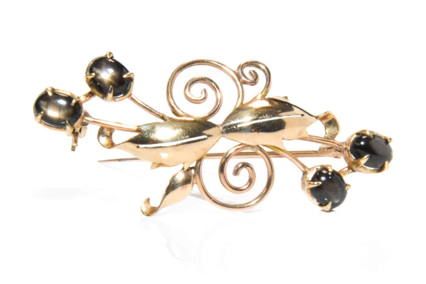 Vintage 14K Gold Floral Brooch with Black Star Sapphire Cabochons