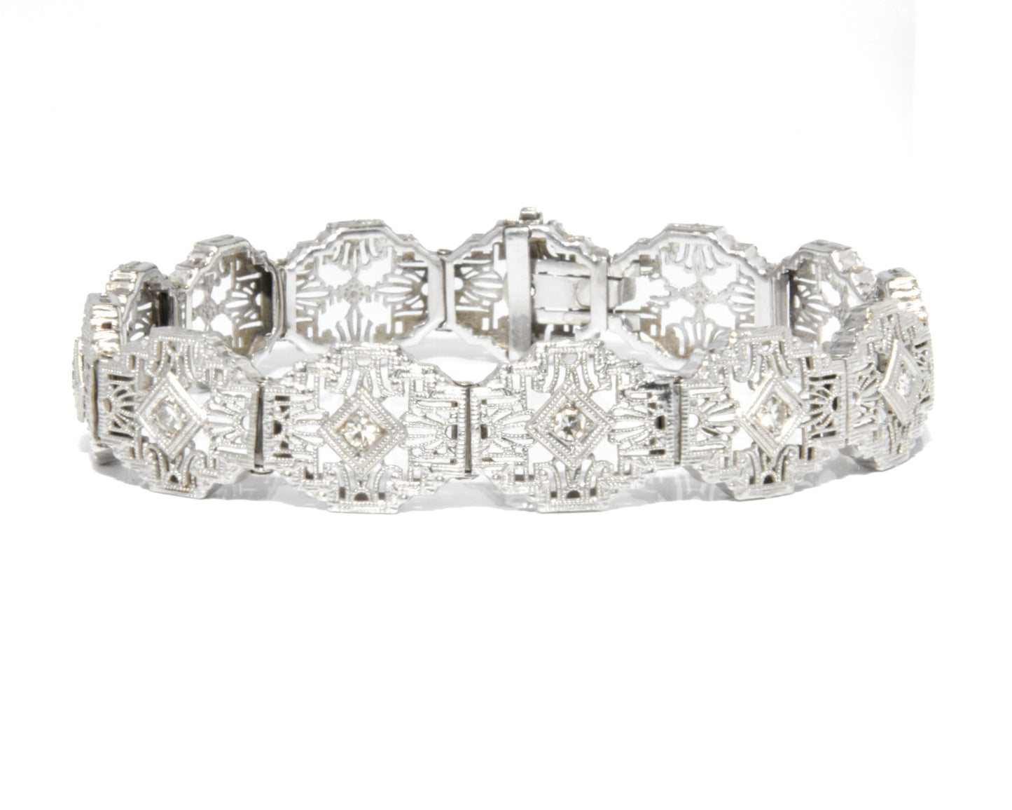 Antique Art Deco filigree bracelet Delicately crafted in 14K white gold with Sparkling diamond accents