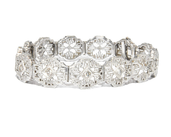 Antique Art Deco filigree bracelet Delicately crafted in 14K white gold with Sparkling diamond accents
