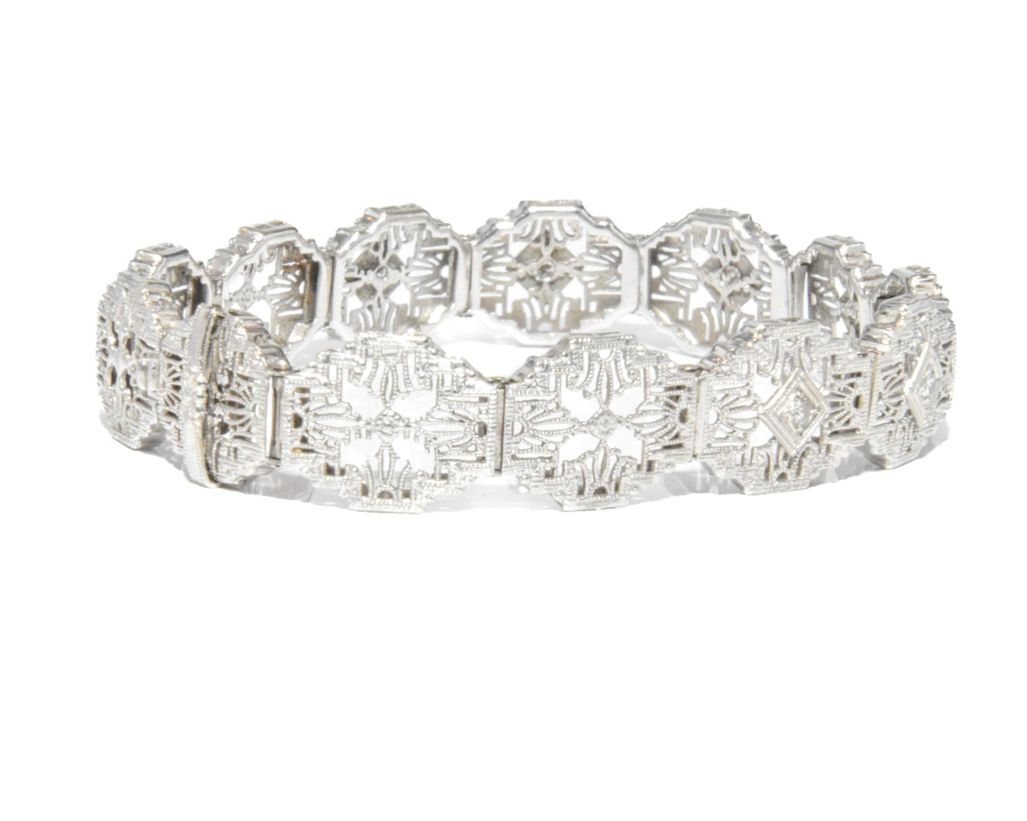 Antique Art Deco filigree bracelet Delicately crafted in 14K white gold with Sparkling diamond accents