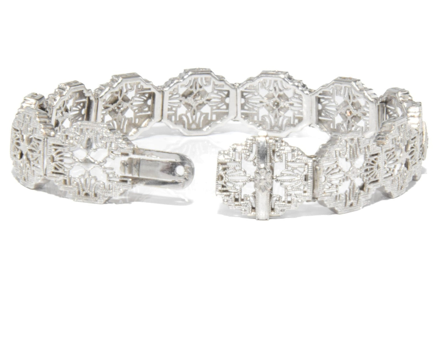 Antique Art Deco filigree bracelet Delicately crafted in 14K white gold with Sparkling diamond accents
