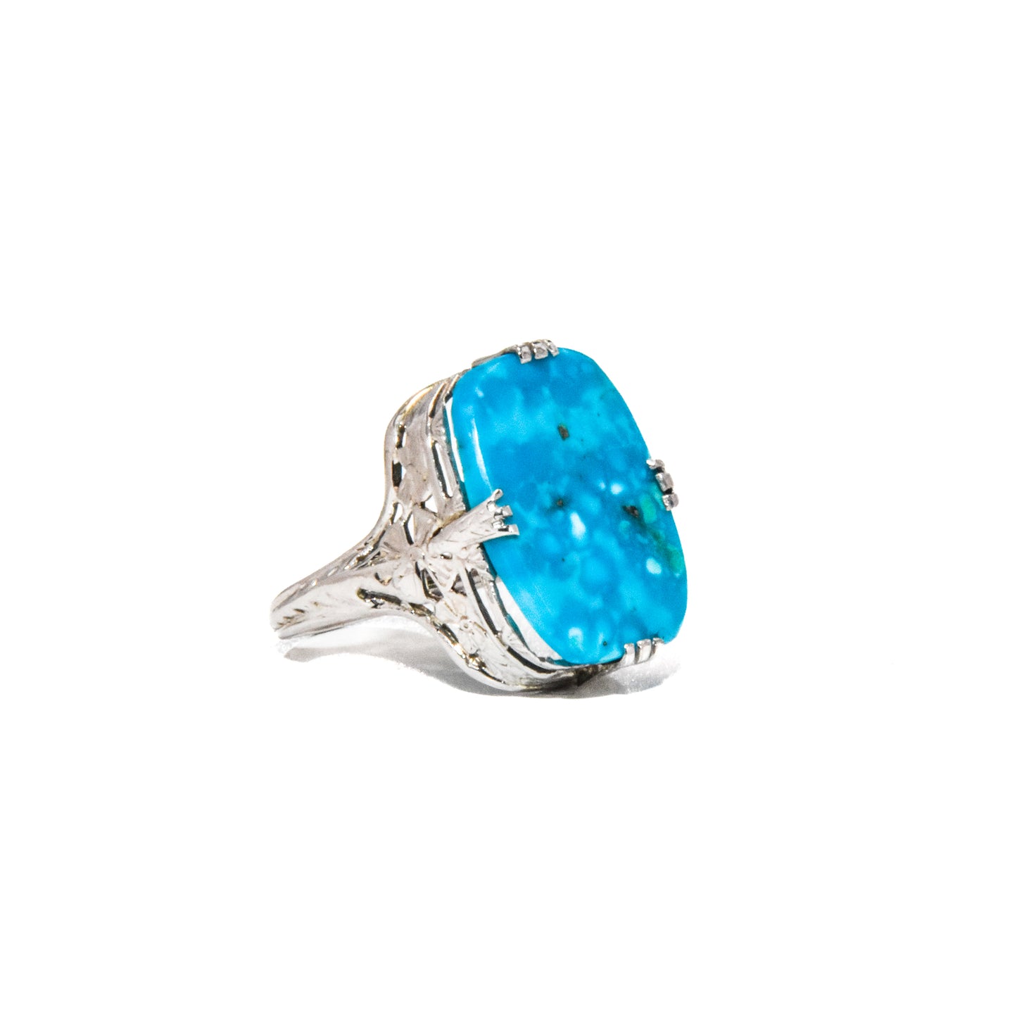 Art Deco 14K White Gold Turquoise Ring with Intricate Filigree Design