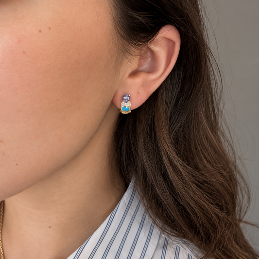 Vintage 18K Gold Tanzanite, Diamond & Opal Earrings