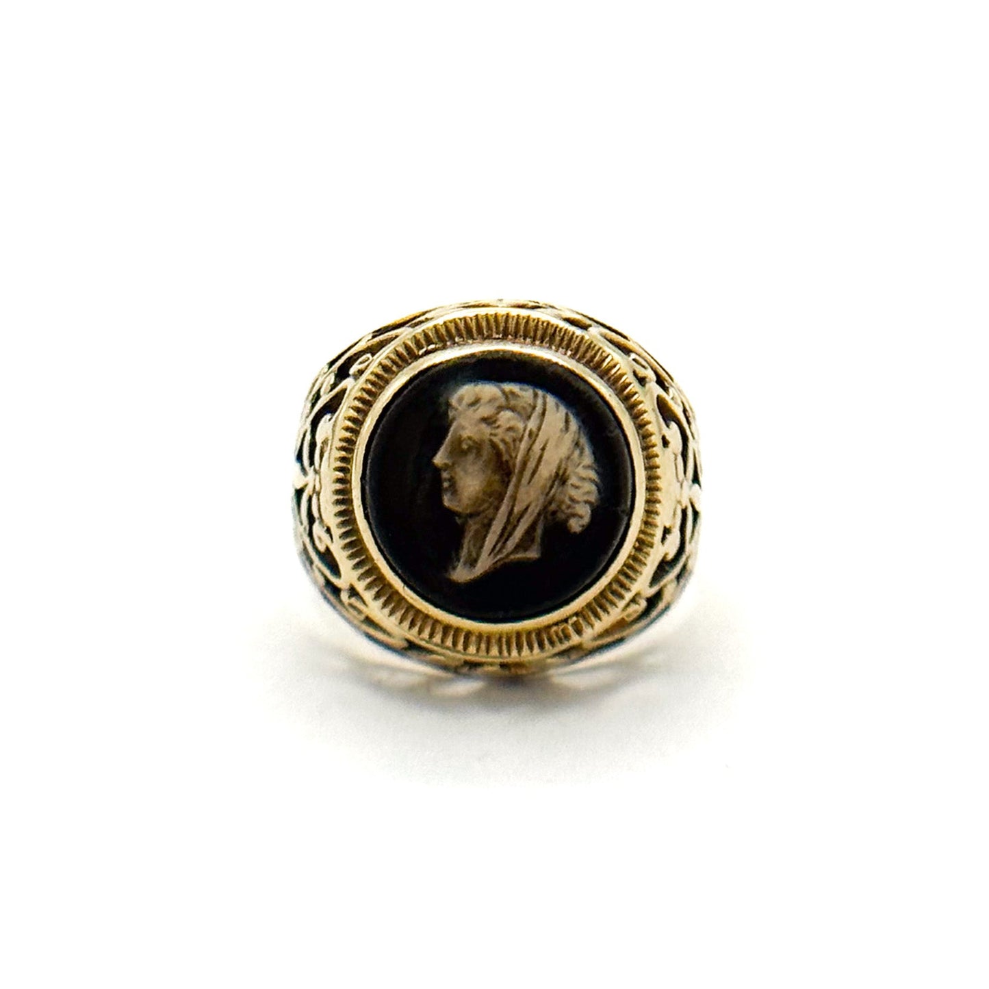 Antique 14K Black Stone Cameo Ring with Filigree