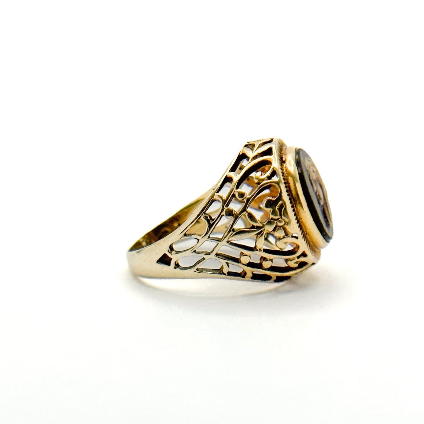 Antique 14K Black Stone Cameo Ring with Filigree