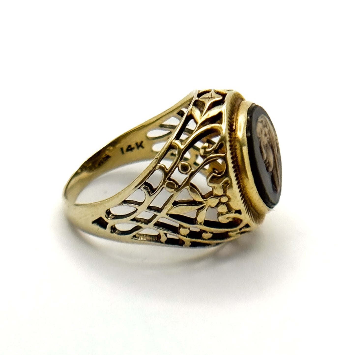 Antique 14K Black Stone Cameo Ring with Filigree