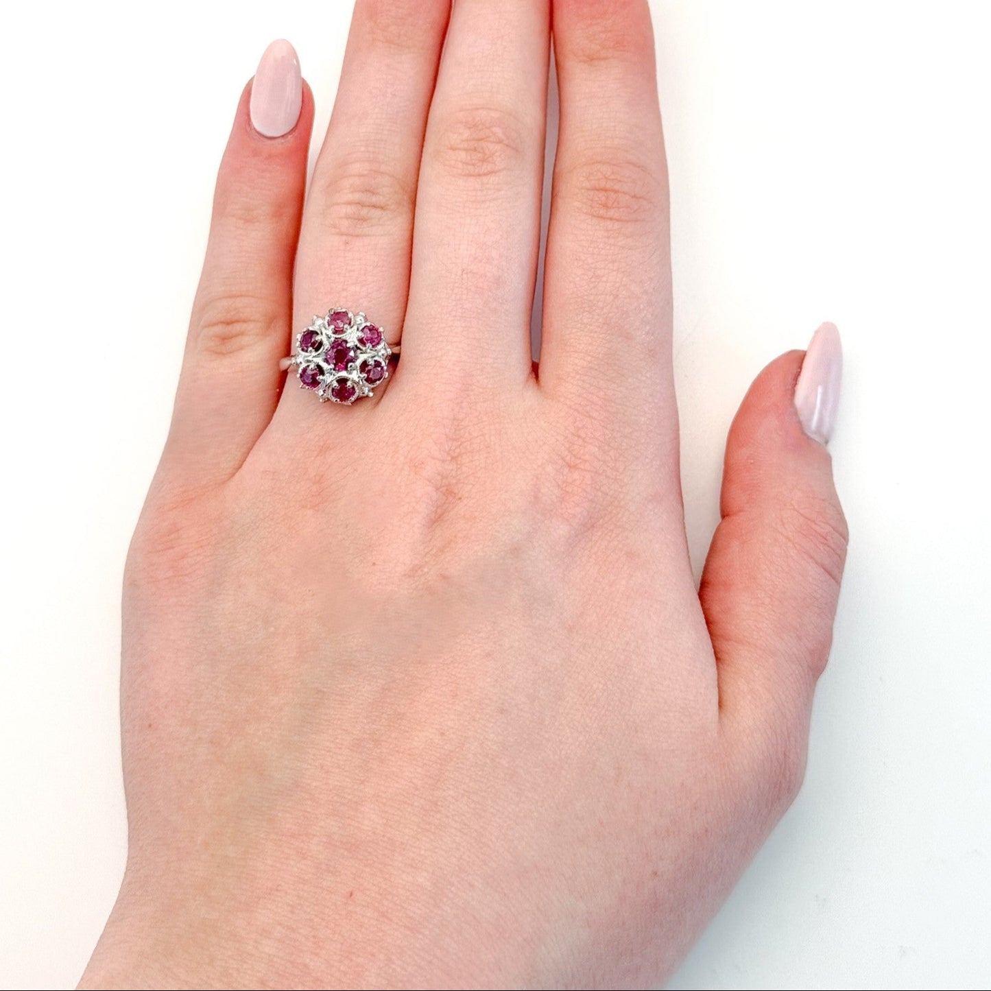 Vintage ruby ring, mid-century cluster ring, white gold floral ring, retro cocktail ring, ruby statement ring, antique-inspired jewelry, estate jewelry, heirloom gemstone ring.