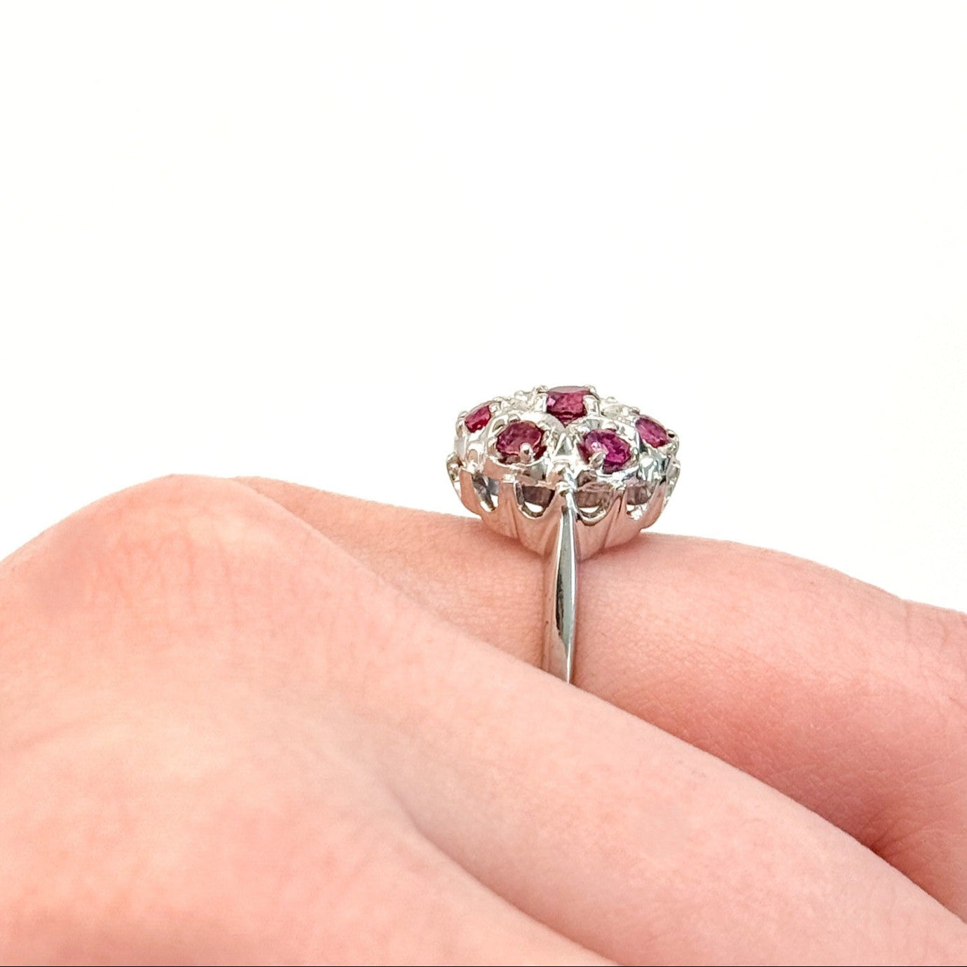 Vintage ruby ring, mid-century cluster ring, white gold floral ring, retro cocktail ring, ruby statement ring, antique-inspired jewelry, estate jewelry, heirloom gemstone ring.