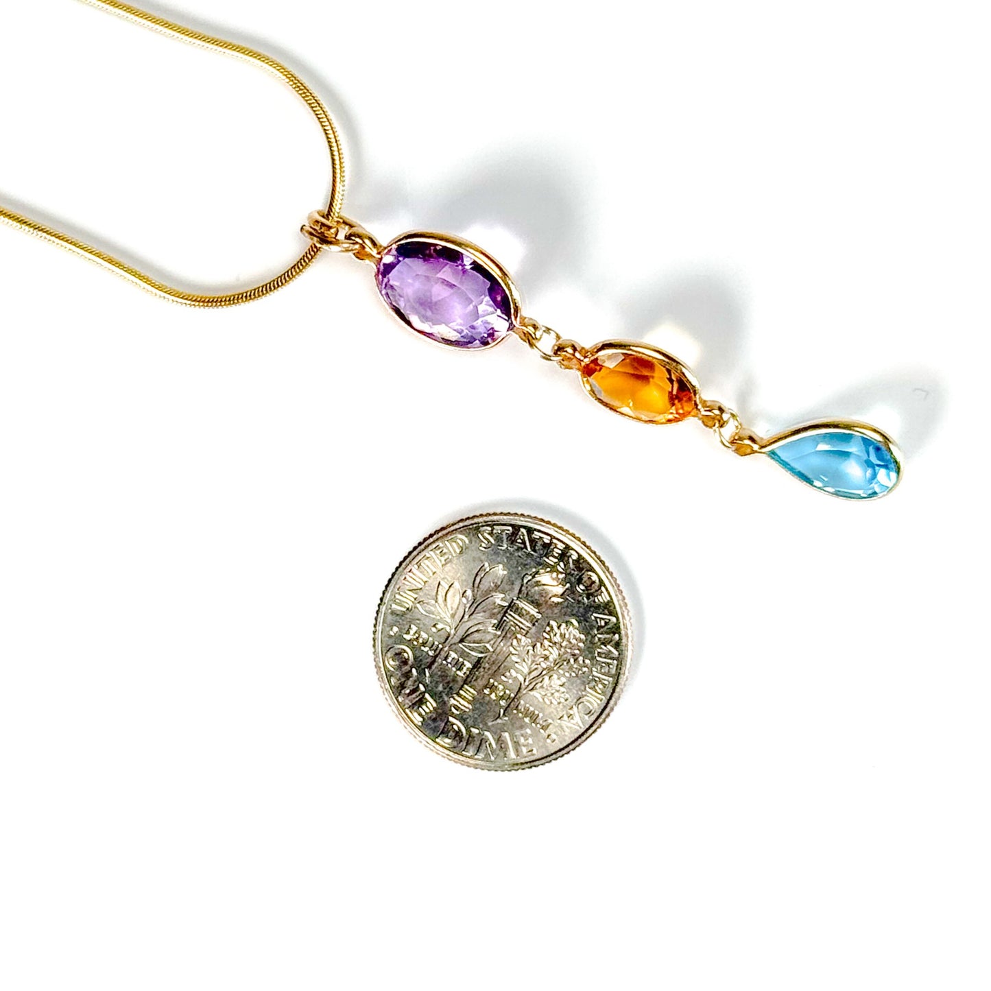 14K Gold Amethyst, Citrine & Blue Topaz Drop Pendant Necklace (Snake Chain Included)