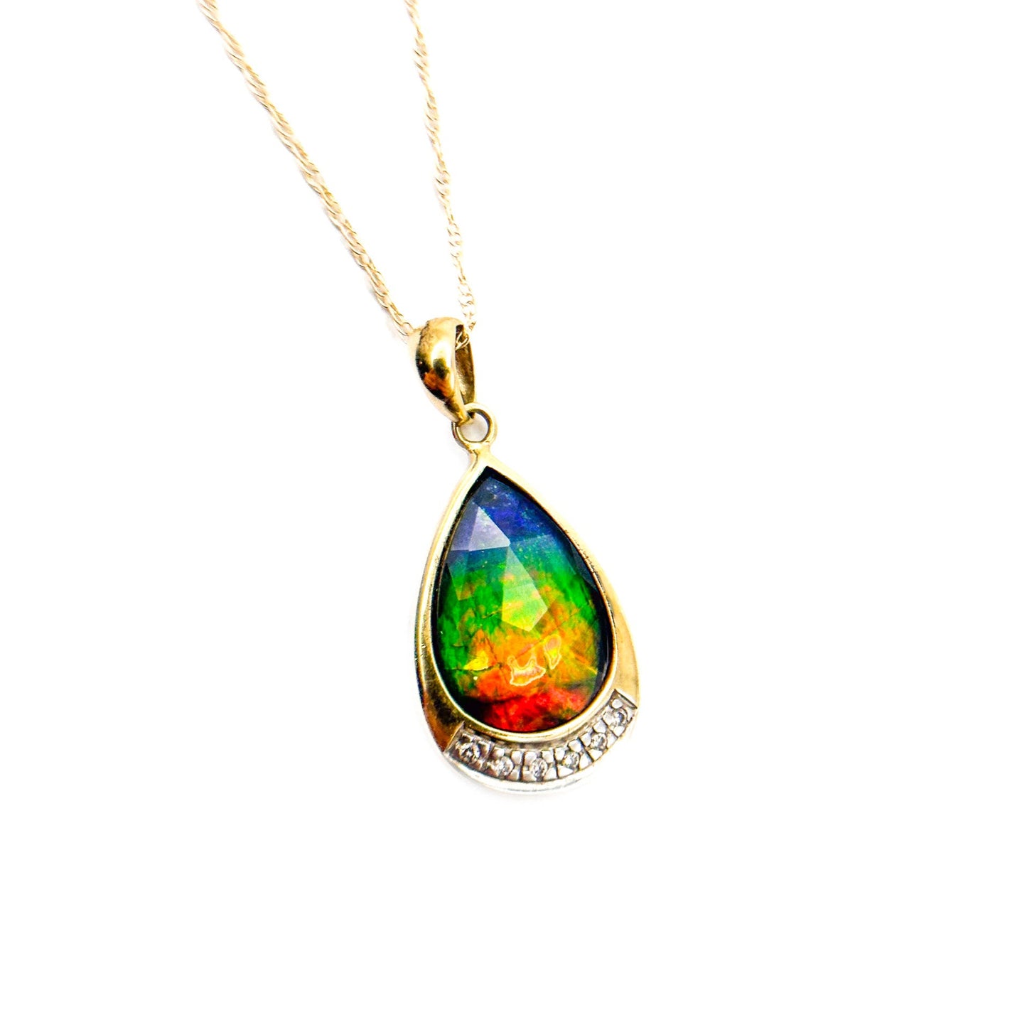 14K Gold Ammolite & Diamond Pendant Necklace with 18" Gold Chain
