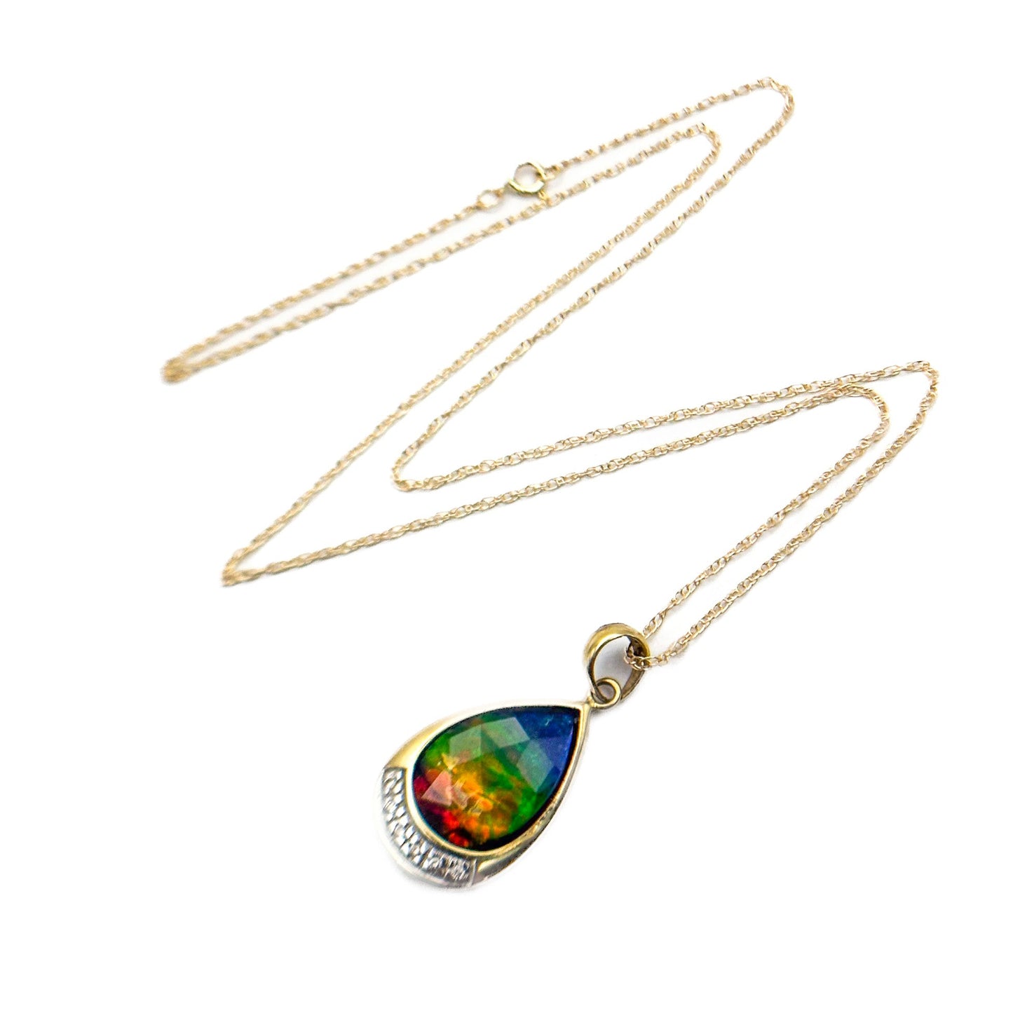 14K Gold Ammolite & Diamond Pendant Necklace with 18" Gold Chain