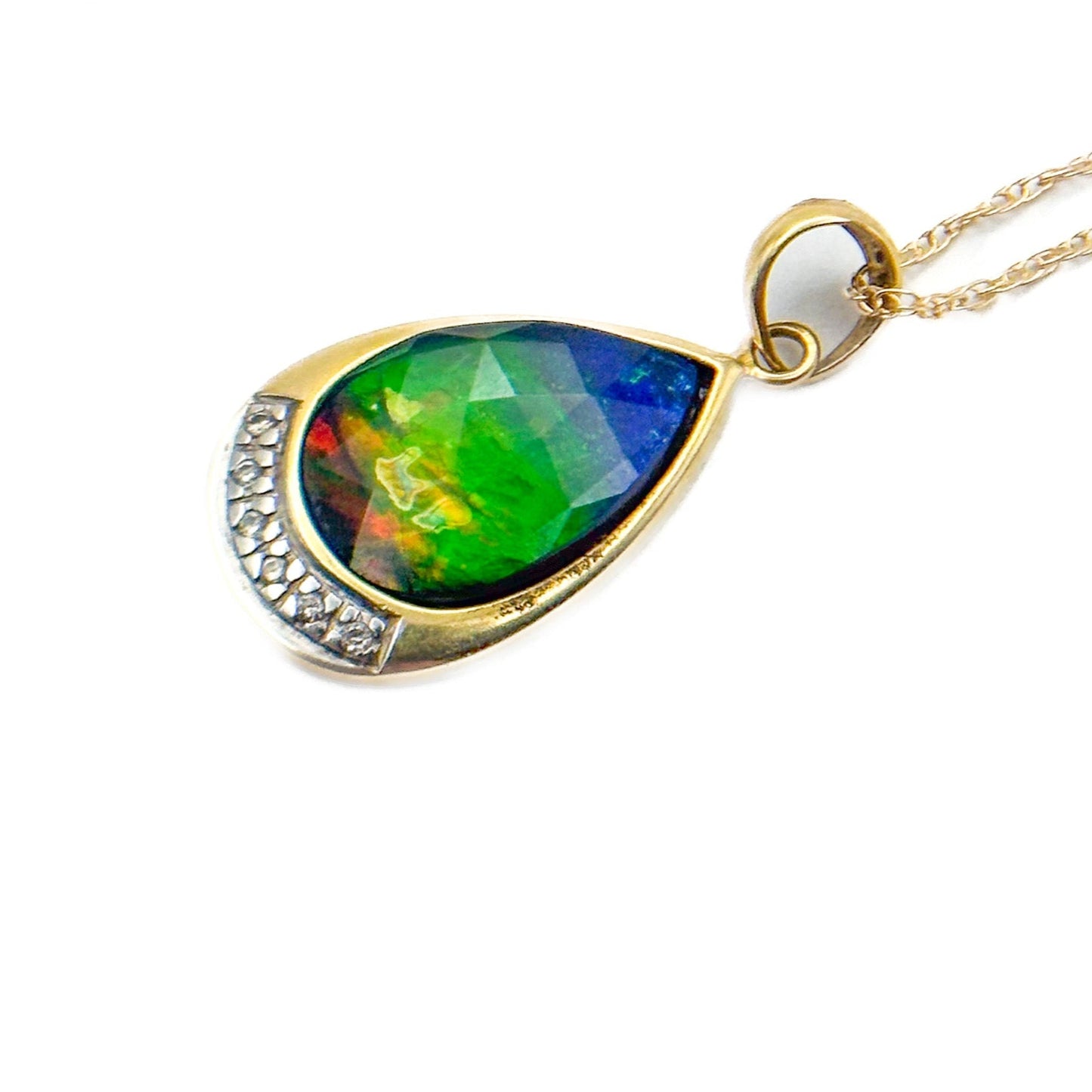 14K Gold Ammolite & Diamond Pendant Necklace with 18" Gold Chain