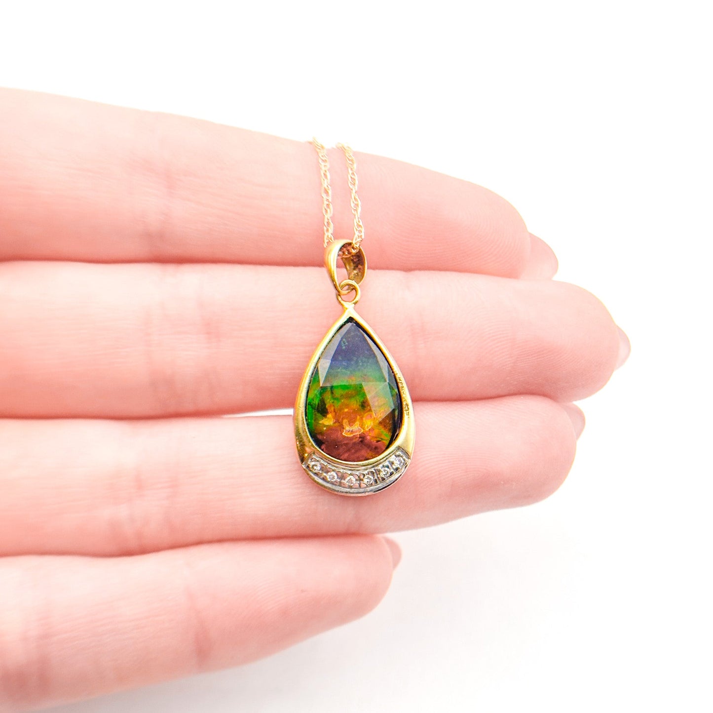 14K Gold Ammolite & Diamond Pendant Necklace with 18" Gold Chain