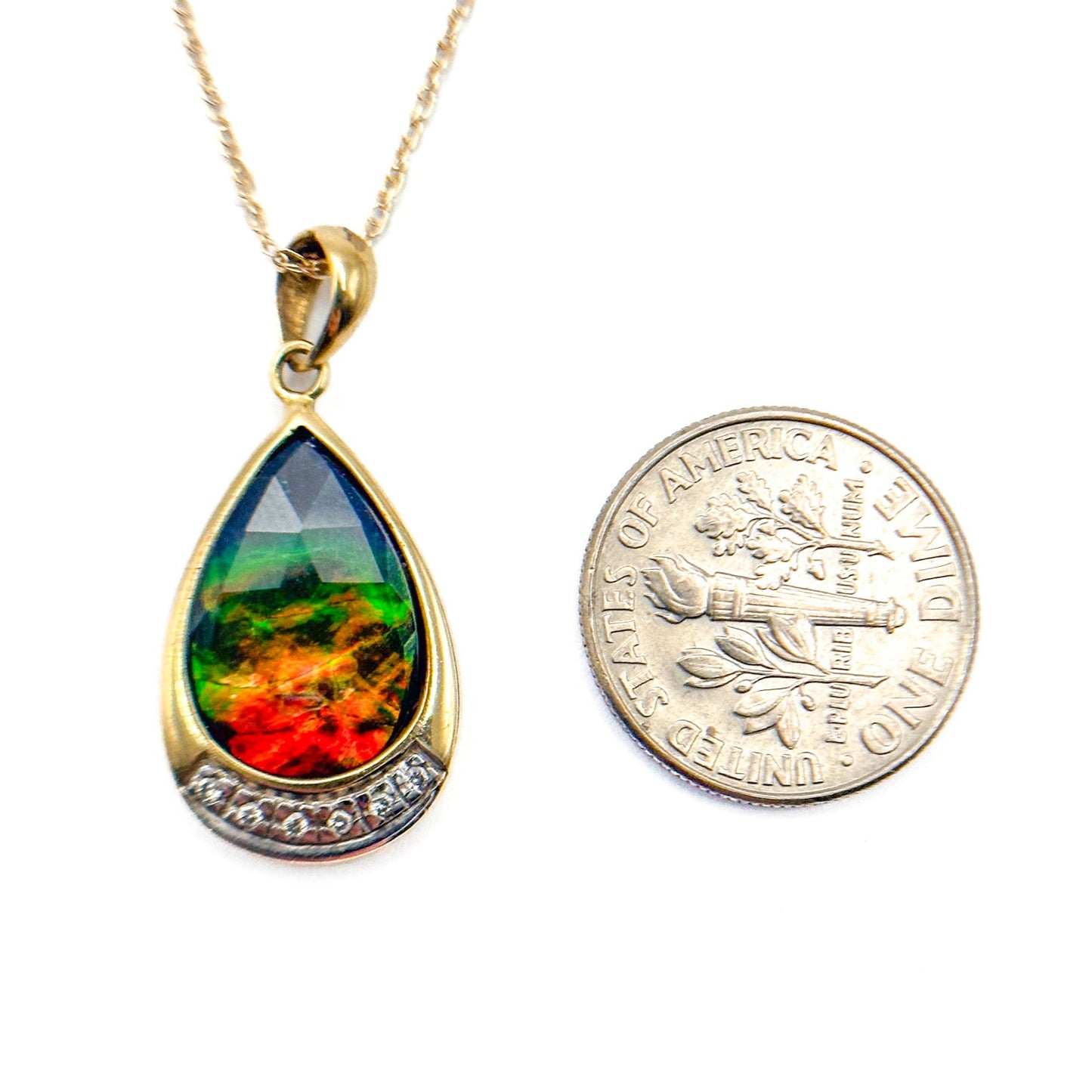 14K Gold Ammolite & Diamond Pendant Necklace with 18" Gold Chain
